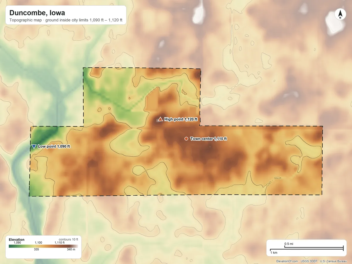 Topographic elevation map of Duncombe, Iowa, shaded from 1,090 ft on the west side to 1,120 ft on the northwest side