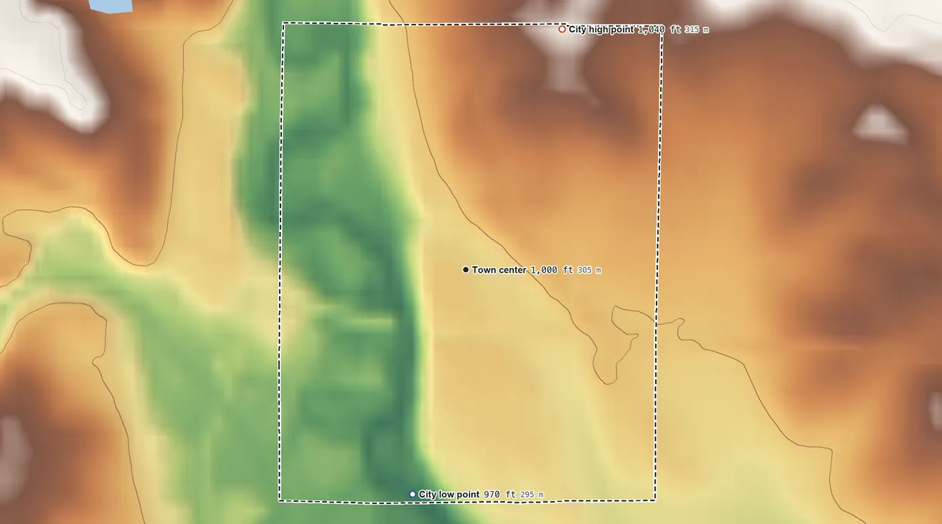 Topographic elevation map of Dundee, Iowa, shaded from 970 ft on the south side to 1,040 ft on the north side