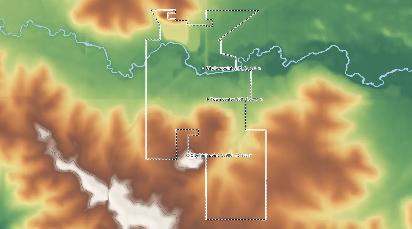 Topographic elevation map of Dunkerton, Iowa, shaded from 940 ft on the north side to 1,000 ft on the south side