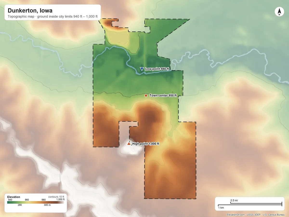 Topographic elevation map of Dunkerton, Iowa, shaded from 940 ft on the north side to 1,000 ft on the south side