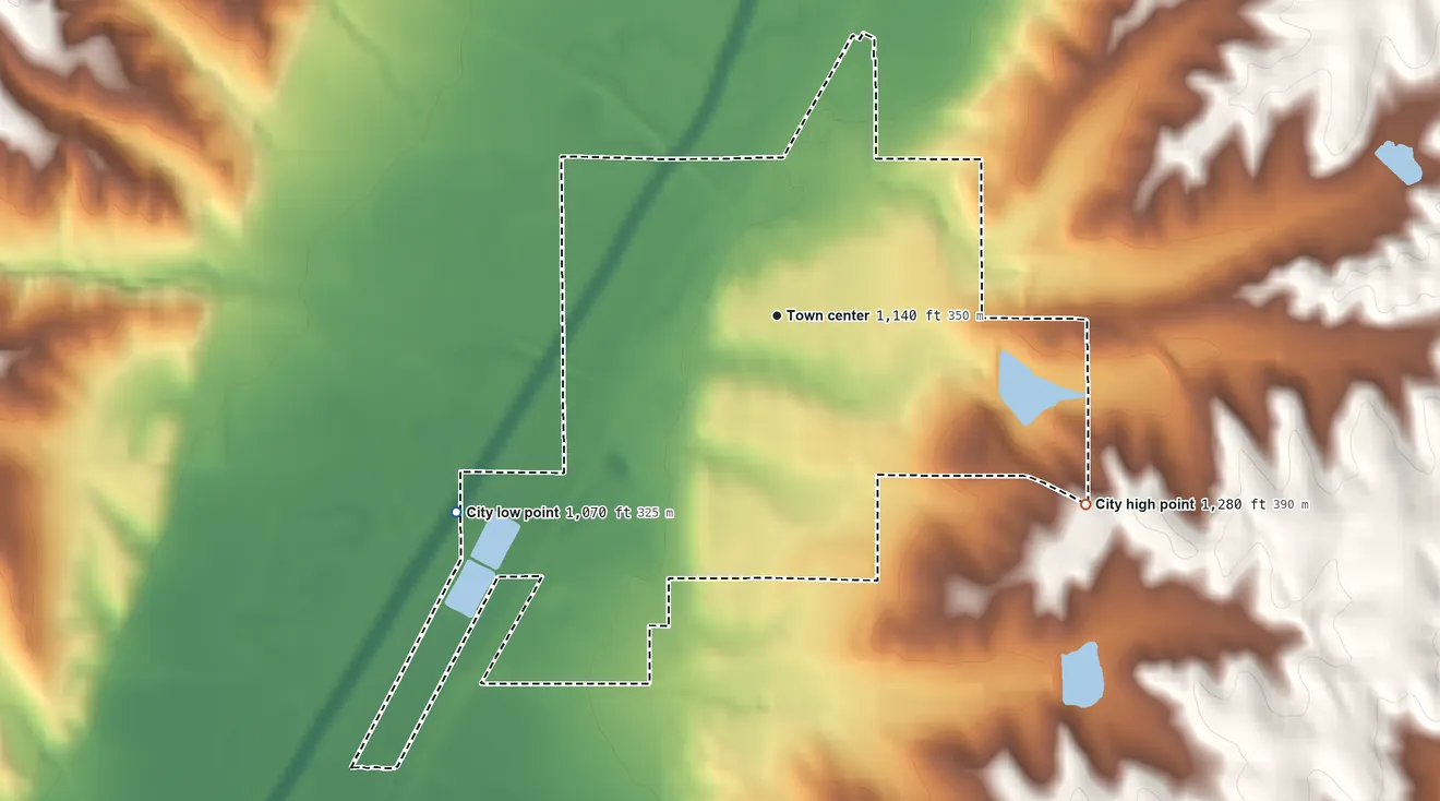 Topographic elevation map of Dunlap, Iowa, shaded from 1,070 ft on the southwest side to 1,280 ft on the southeast side