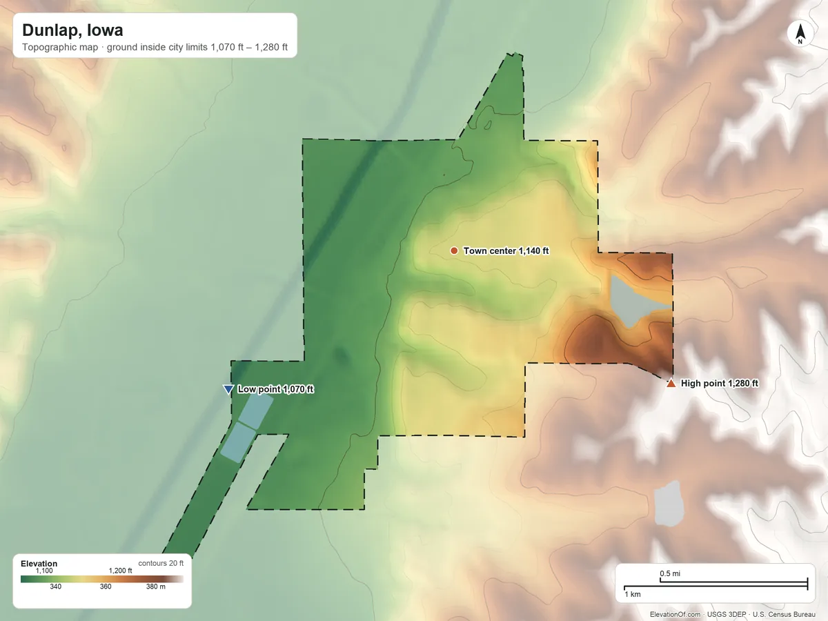 Topographic elevation map of Dunlap, Iowa, shaded from 1,070 ft on the southwest side to 1,280 ft on the southeast side