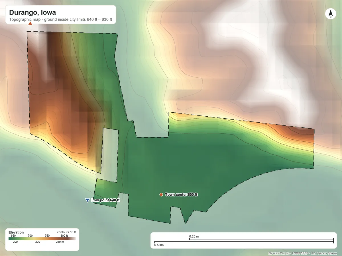 Topographic elevation map of Durango, Iowa, shaded from 640 ft on the west side to 830 ft on the northwest side