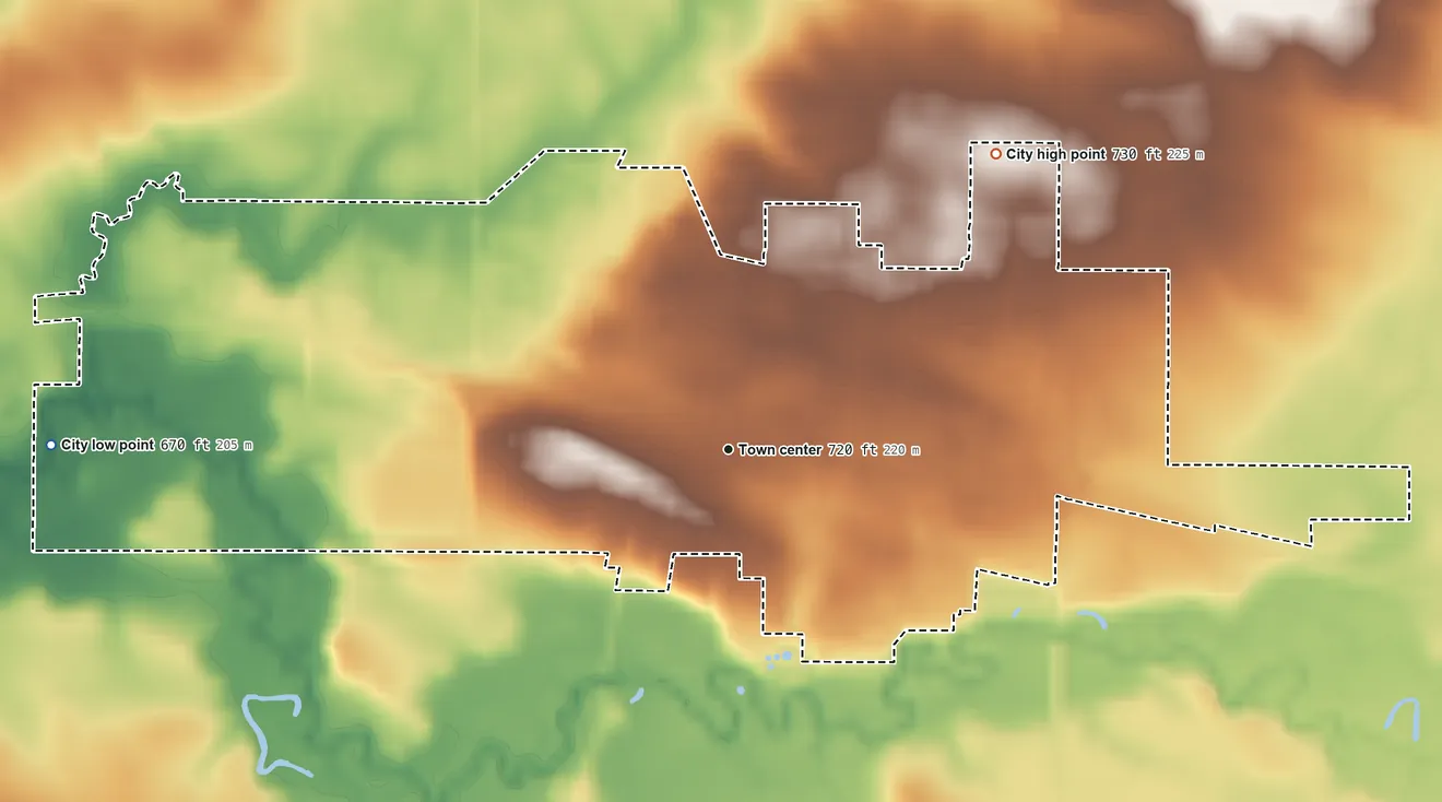 Topographic elevation map of Durant, Iowa, shaded from 670 ft on the west side to 730 ft on the northeast side