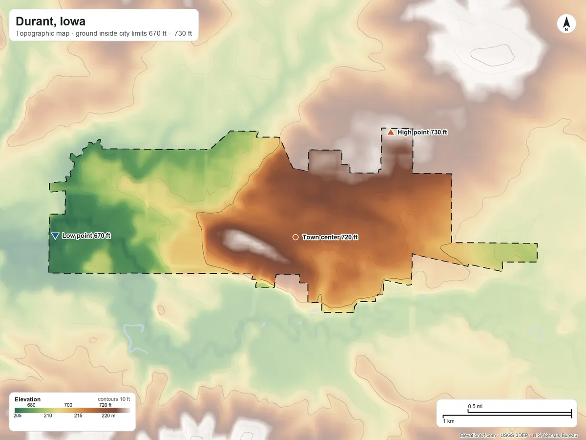 Topographic elevation map of Durant, Iowa, shaded from 670 ft on the west side to 730 ft on the northeast side