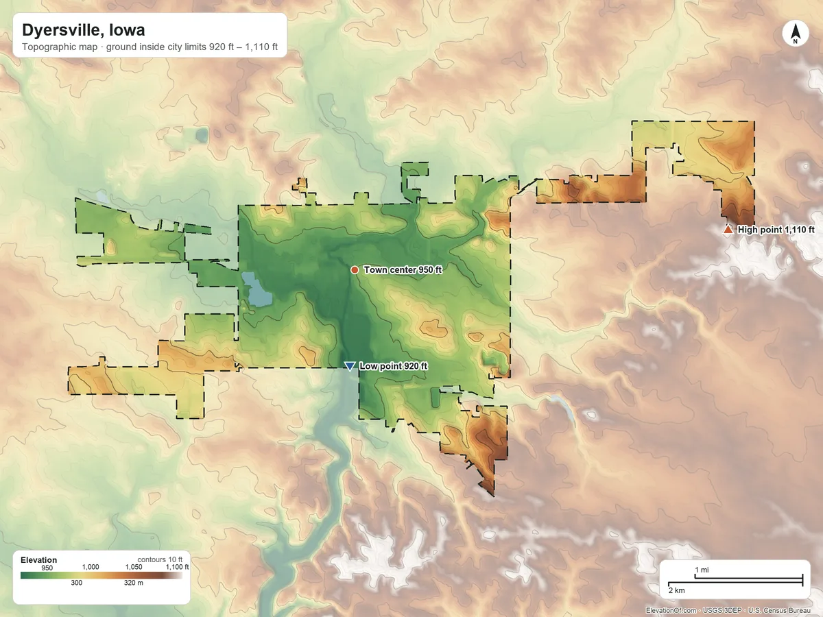 Topographic elevation map of Dyersville, Iowa, shaded from 920 ft on the south side to 1,110 ft on the east side