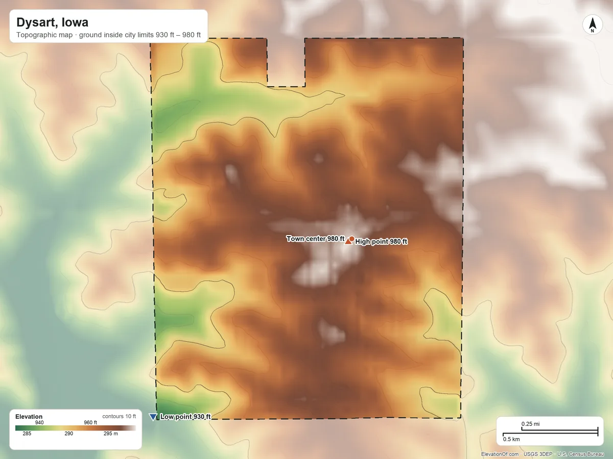 Topographic elevation map of Dysart, Iowa, shaded from 930 ft on the southwest side to 980 ft near the middle