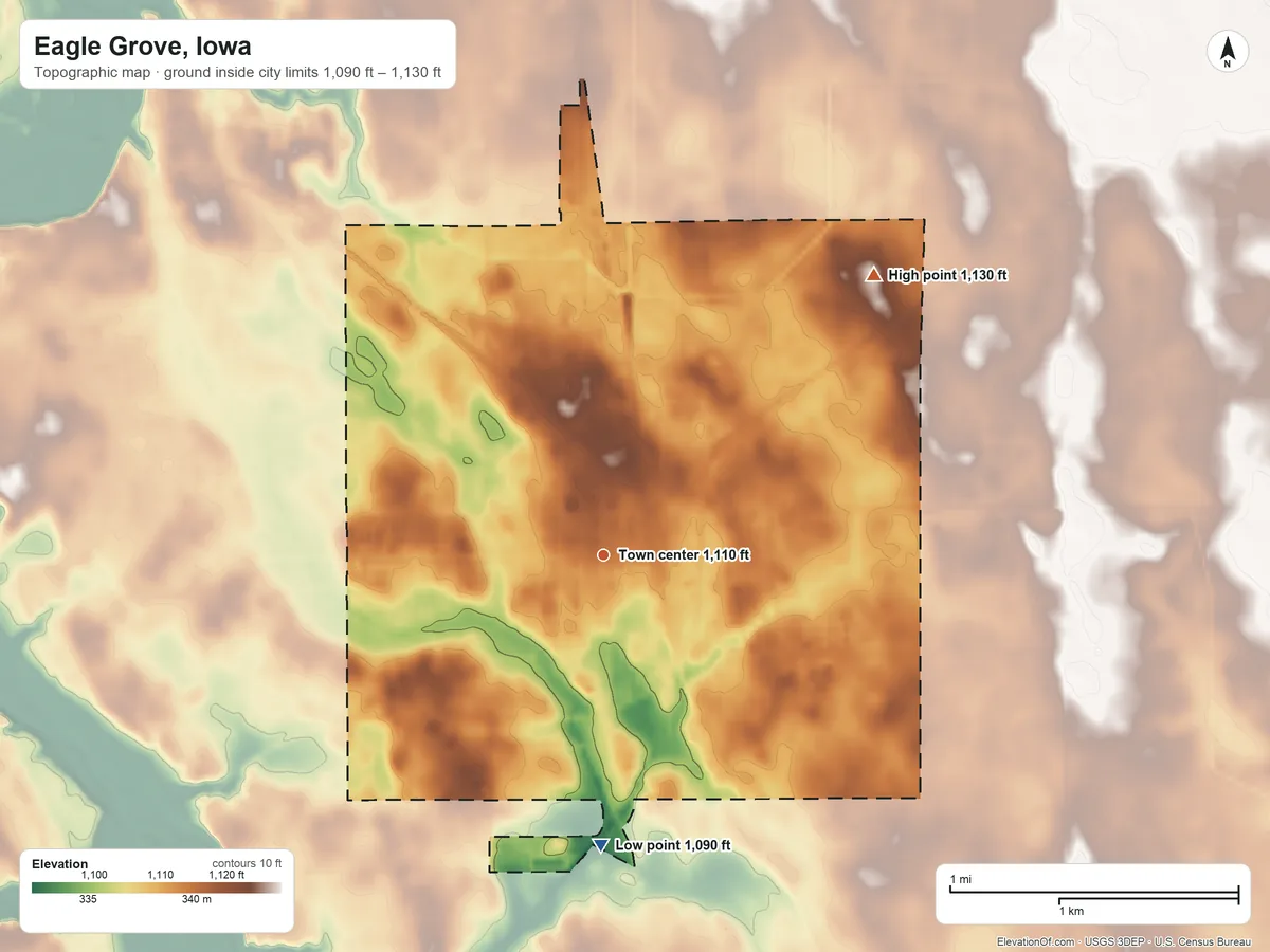 Topographic elevation map of Eagle Grove, Iowa, shaded from 1,090 ft on the south side to 1,130 ft on the northeast side