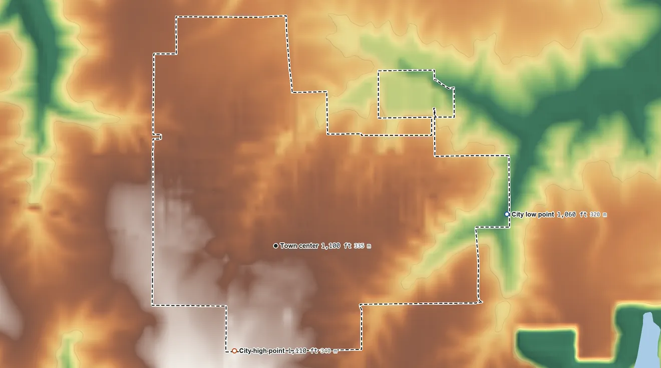 Topographic elevation map of Earlham, Iowa, shaded from 1,060 ft on the east side to 1,110 ft on the south side