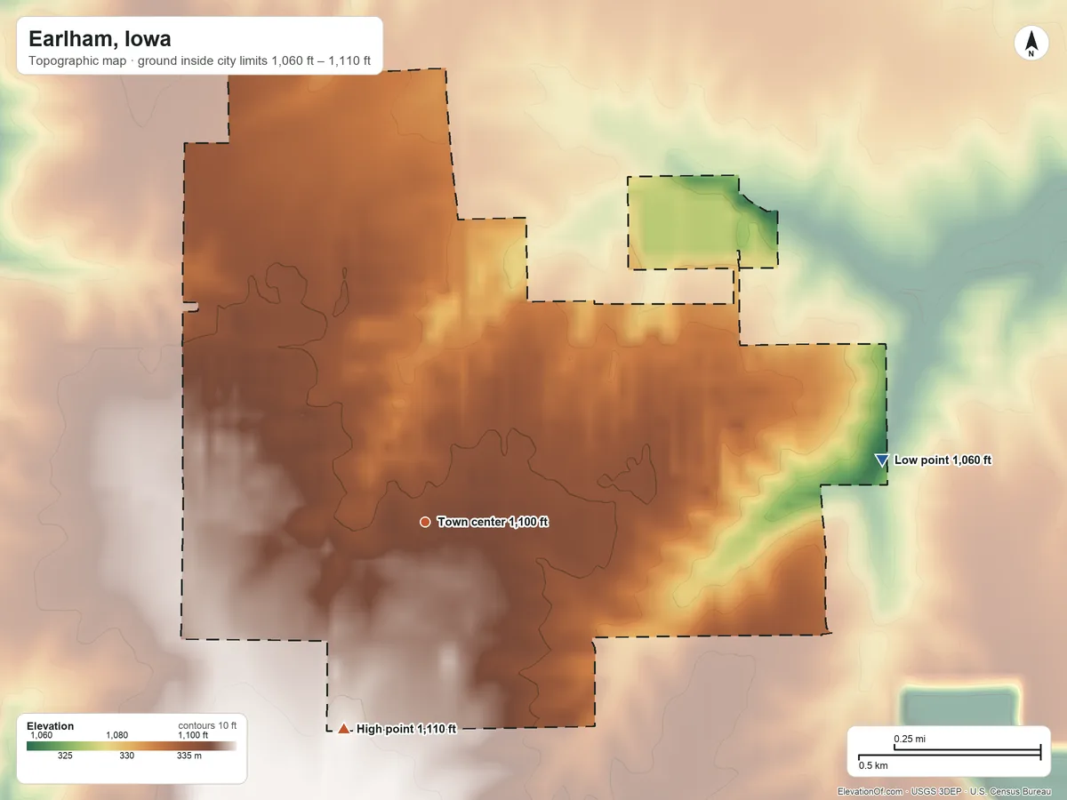 Topographic elevation map of Earlham, Iowa, shaded from 1,060 ft on the east side to 1,110 ft on the south side