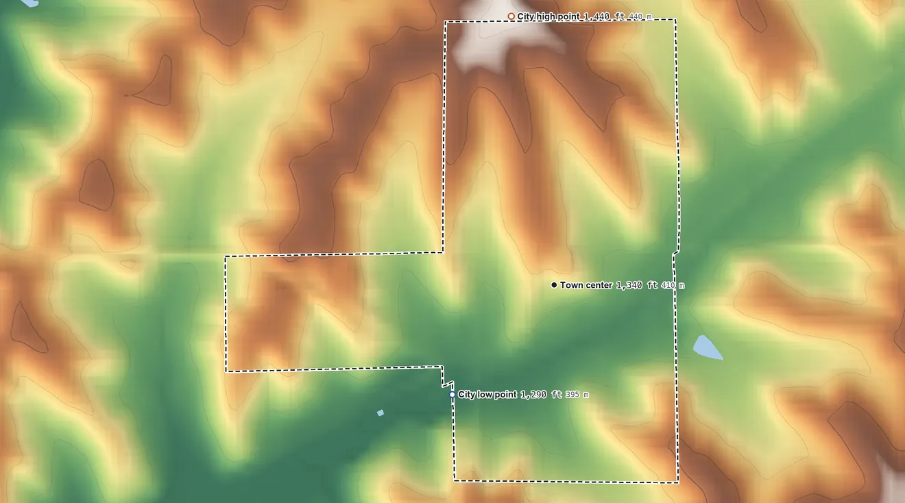 Topographic elevation map of Earling, Iowa, shaded from 1,290 ft on the southwest side to 1,440 ft on the north side