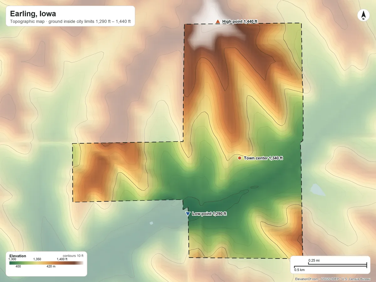 Topographic elevation map of Earling, Iowa, shaded from 1,290 ft on the southwest side to 1,440 ft on the north side