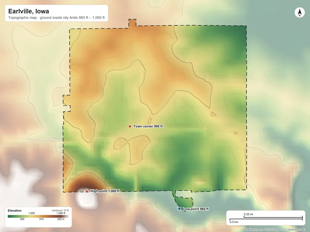 Topographic elevation map of Earlville, Iowa, shaded from 960 ft on the southeast side to 1,060 ft on the southwest side
