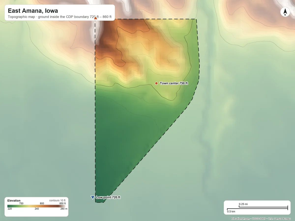 Topographic elevation map of East Amana, Iowa, shaded from 720 ft on the southwest side to 860 ft on the northwest side