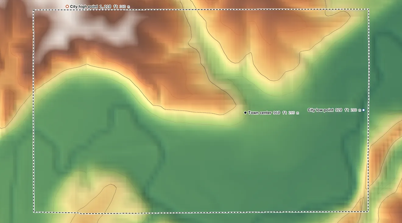 Topographic elevation map of East Peru, Iowa, shaded from 920 ft on the east side to 1,110 ft on the northwest side