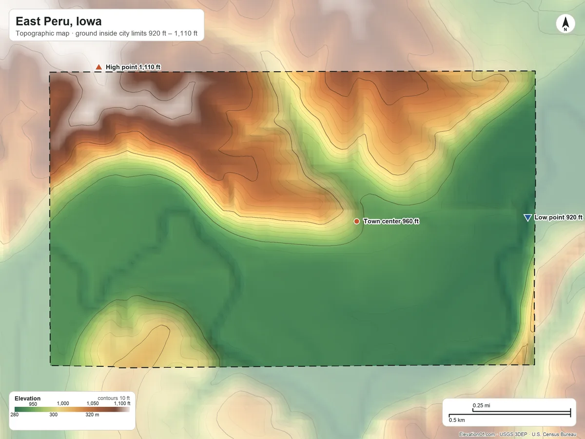 Topographic elevation map of East Peru, Iowa, shaded from 920 ft on the east side to 1,110 ft on the northwest side