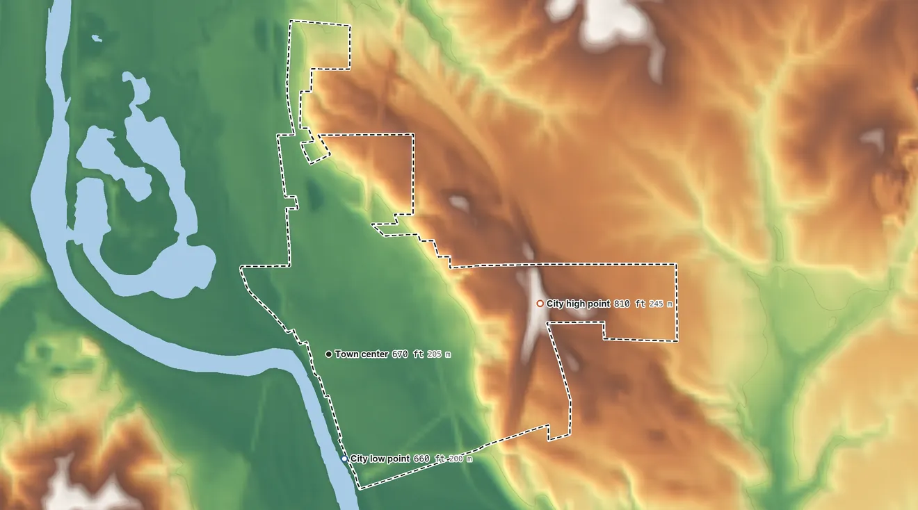 Topographic elevation map of Eddyville, Iowa, shaded from 660 ft on the south side to 810 ft on the east side