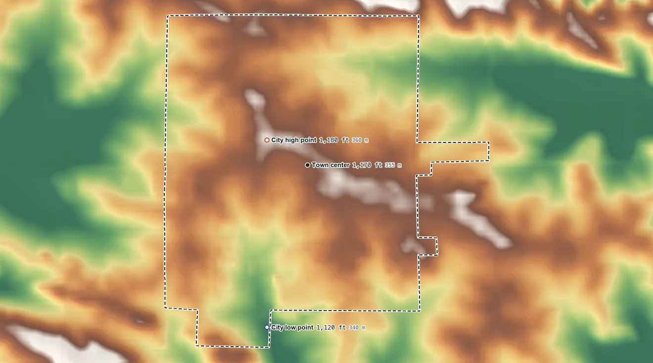 Topographic elevation map of Edgewood, Iowa, shaded from 1,120 ft on the south side to 1,180 ft on the northwest side