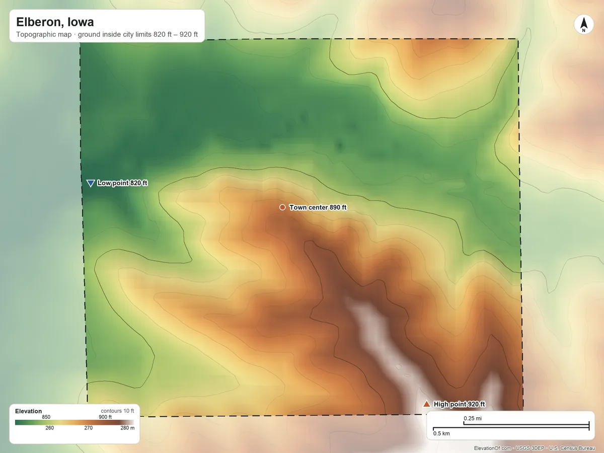 Topographic elevation map of Elberon, Iowa, shaded from 820 ft on the west side to 920 ft on the southeast side