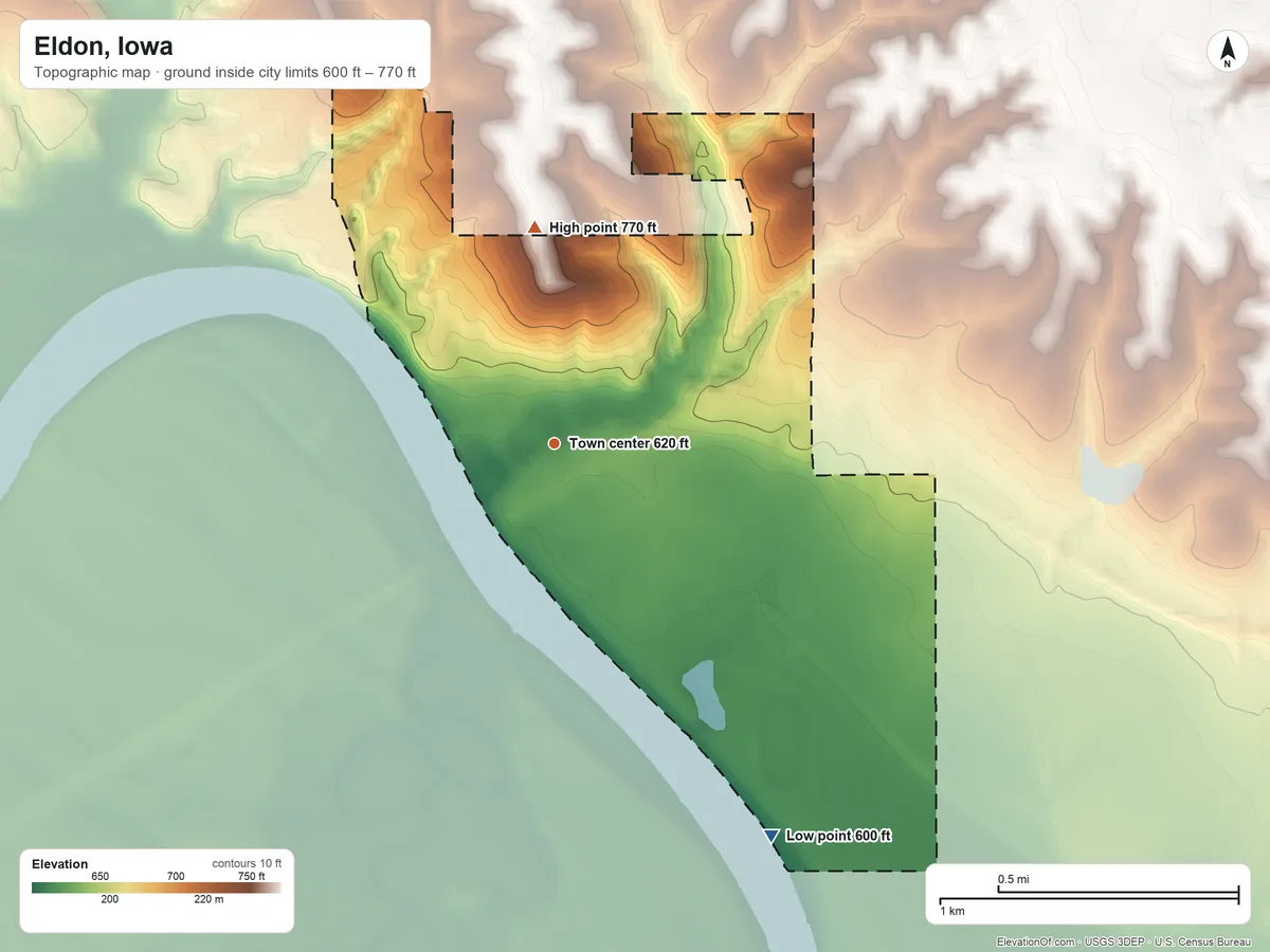 Topographic elevation map of Eldon, Iowa, shaded from 600 ft on the southeast side to 770 ft on the north side