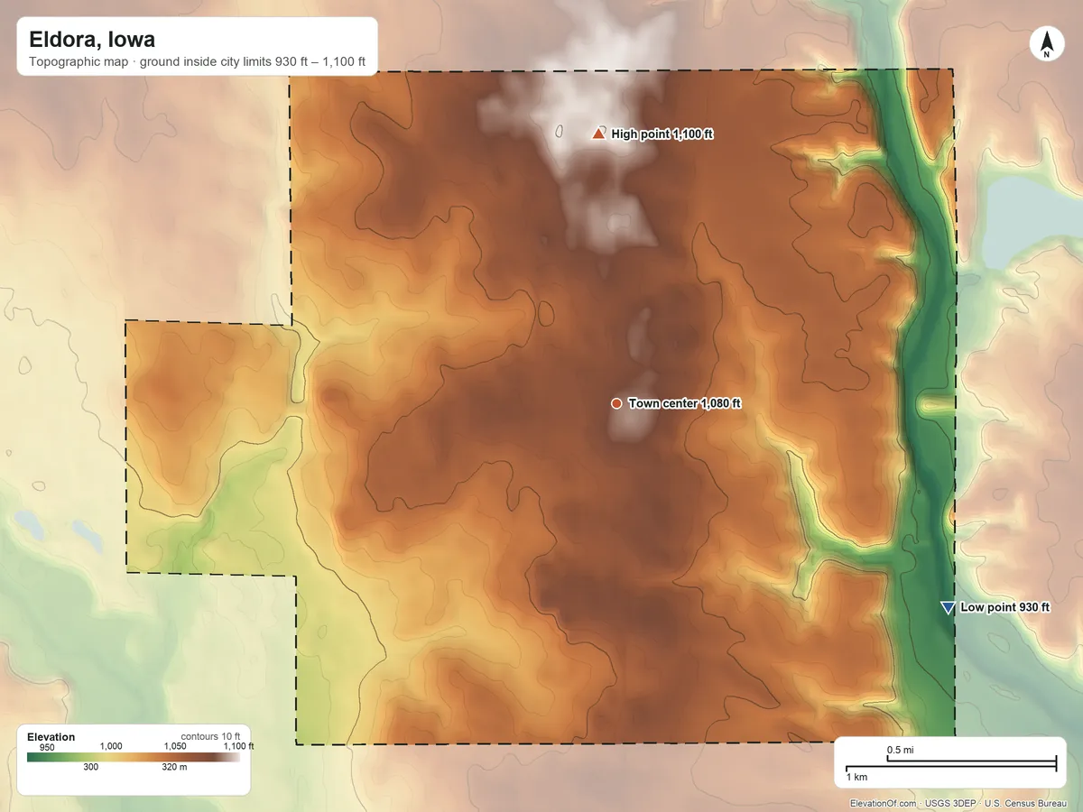 Topographic elevation map of Eldora, Iowa, shaded from 930 ft on the southeast side to 1,100 ft on the north side