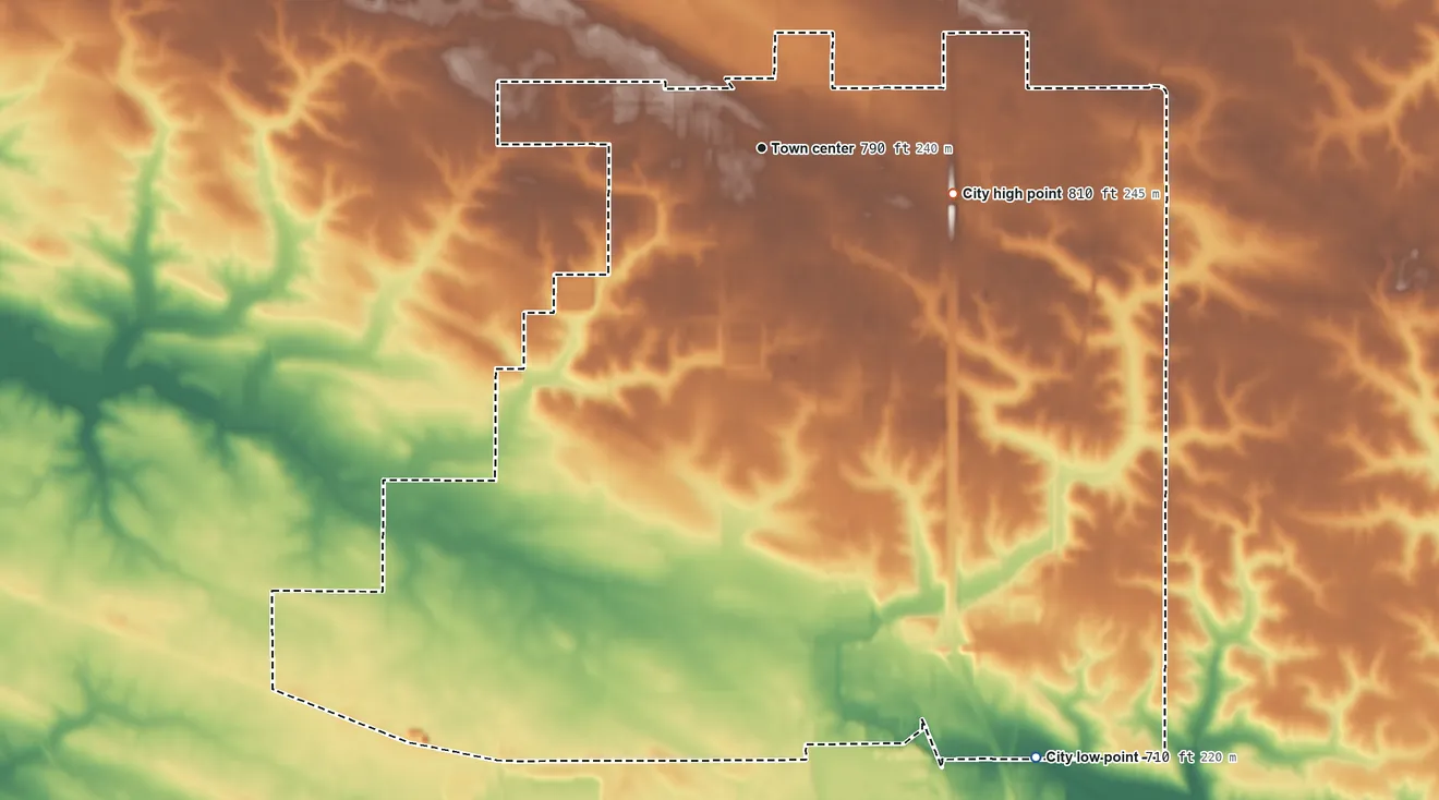 Topographic elevation map of Eldridge, Iowa, shaded from 710 ft on the southeast side to 810 ft on the east side