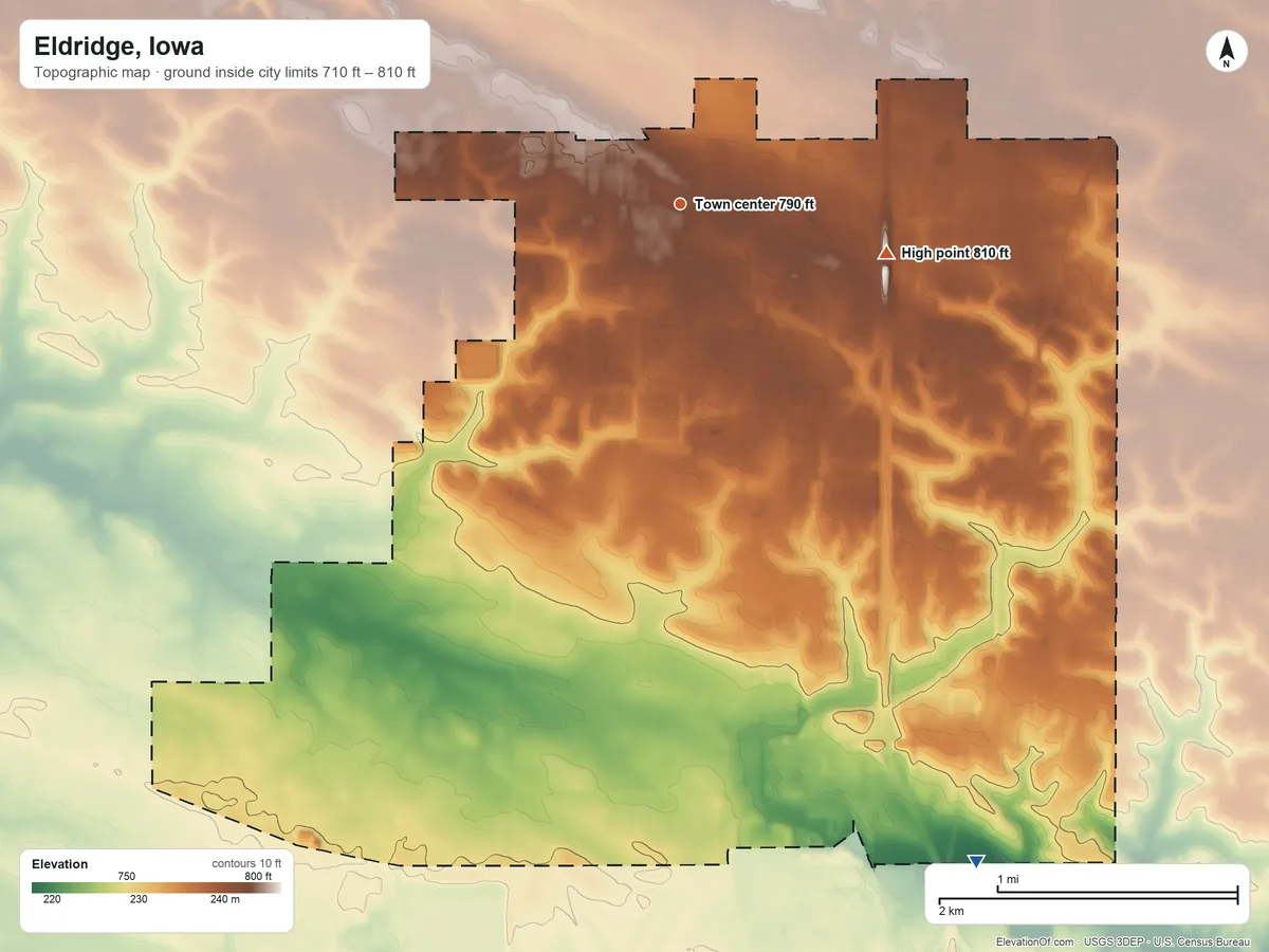 Topographic elevation map of Eldridge, Iowa, shaded from 710 ft on the southeast side to 810 ft on the east side