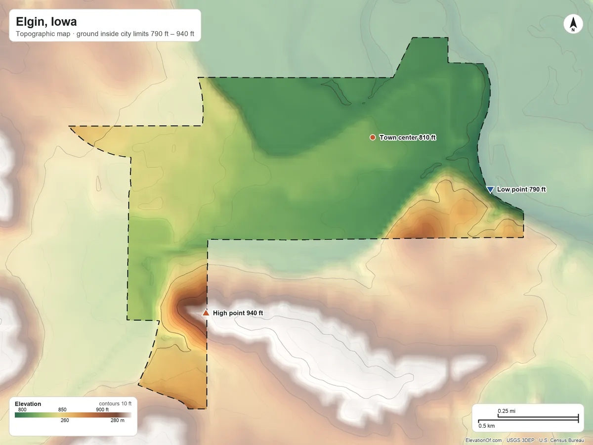 Topographic elevation map of Elgin, Iowa, shaded from 790 ft on the southeast side to 940 ft on the southwest side