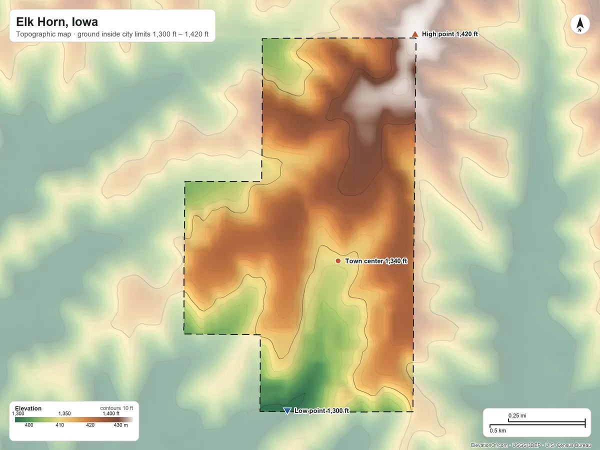 Topographic elevation map of Elk Horn, Iowa, shaded from 1,300 ft on the south side to 1,420 ft on the north side