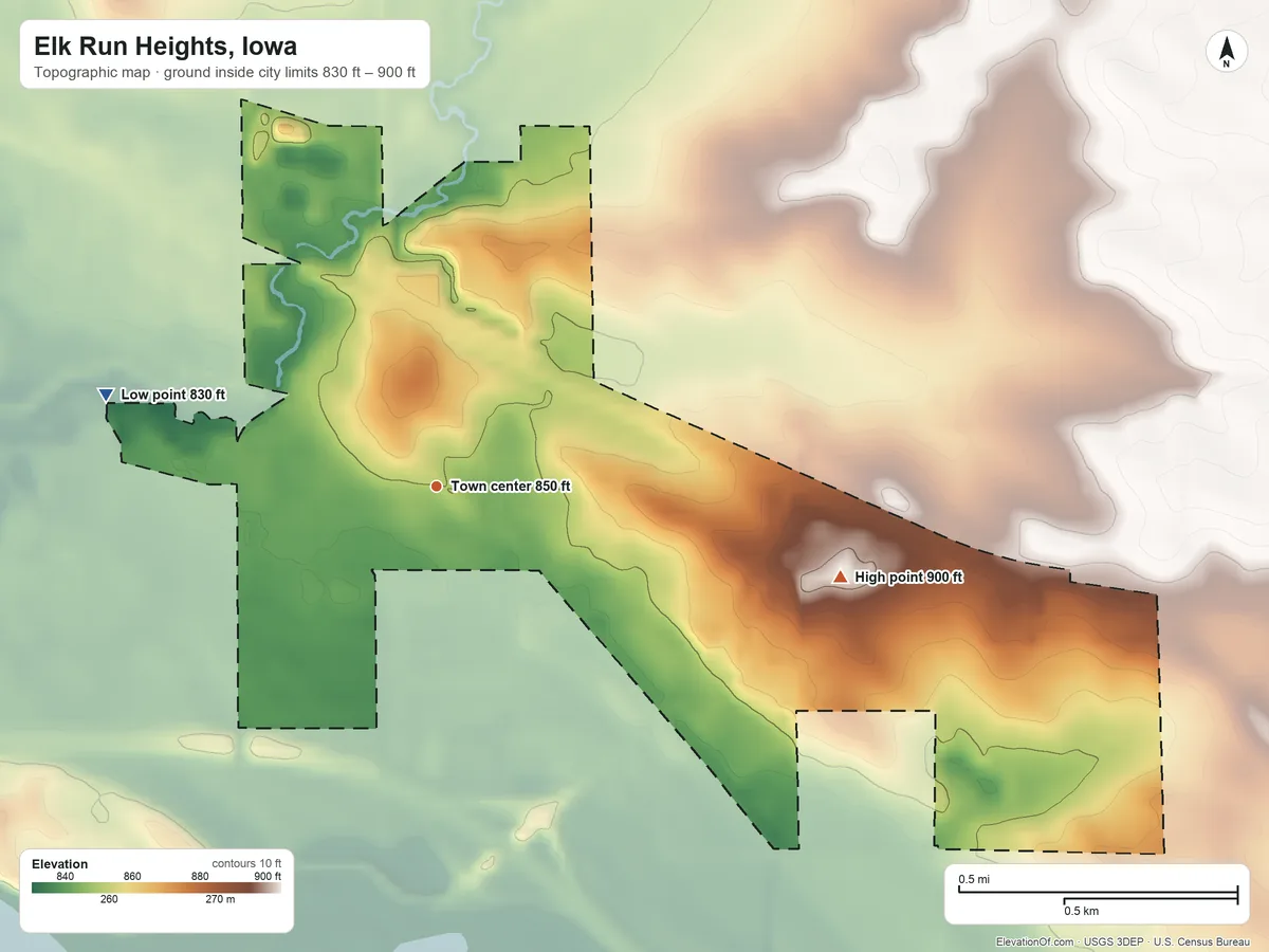 Topographic elevation map of Elk Run Heights, Iowa, shaded from 830 ft on the west side to 900 ft on the east side