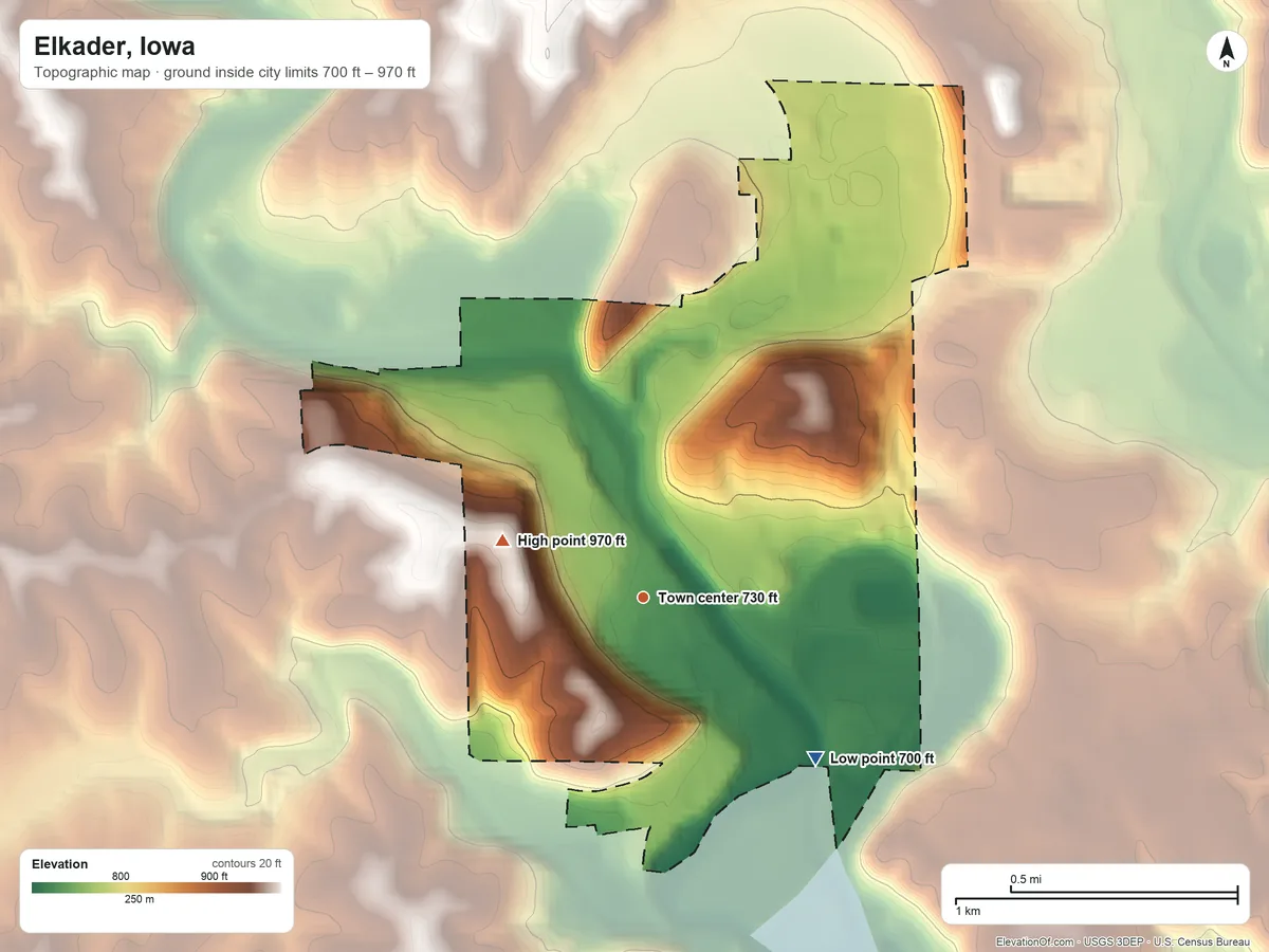 Topographic elevation map of Elkader, Iowa, shaded from 700 ft on the southeast side to 970 ft on the west side