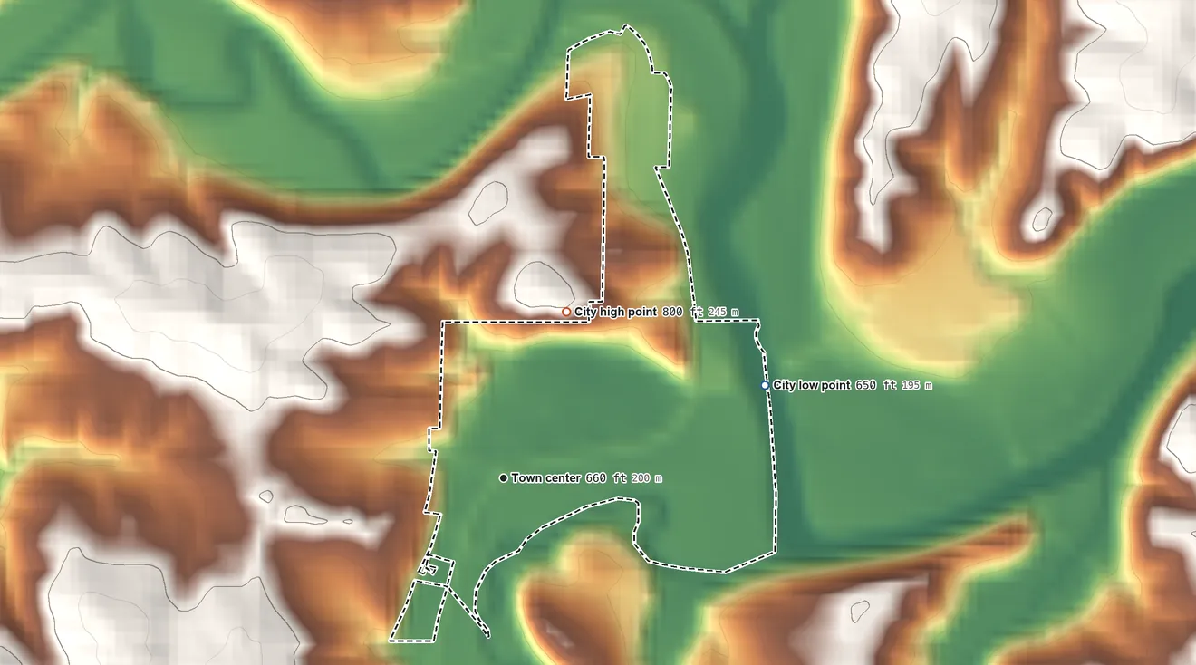 Topographic elevation map of Elkport, Iowa, shaded from 650 ft on the east side to 800 ft on the north side