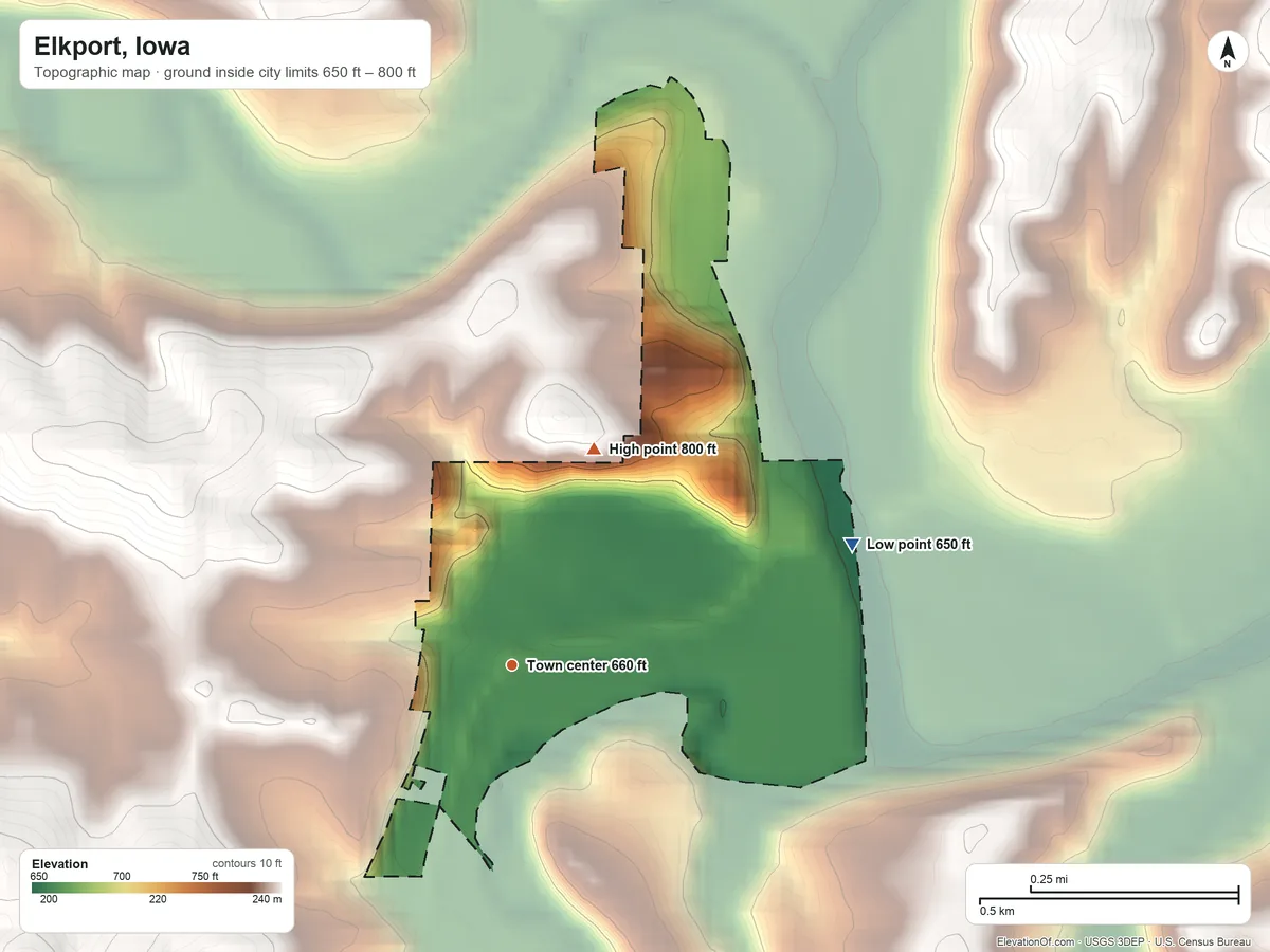 Topographic elevation map of Elkport, Iowa, shaded from 650 ft on the east side to 800 ft on the north side