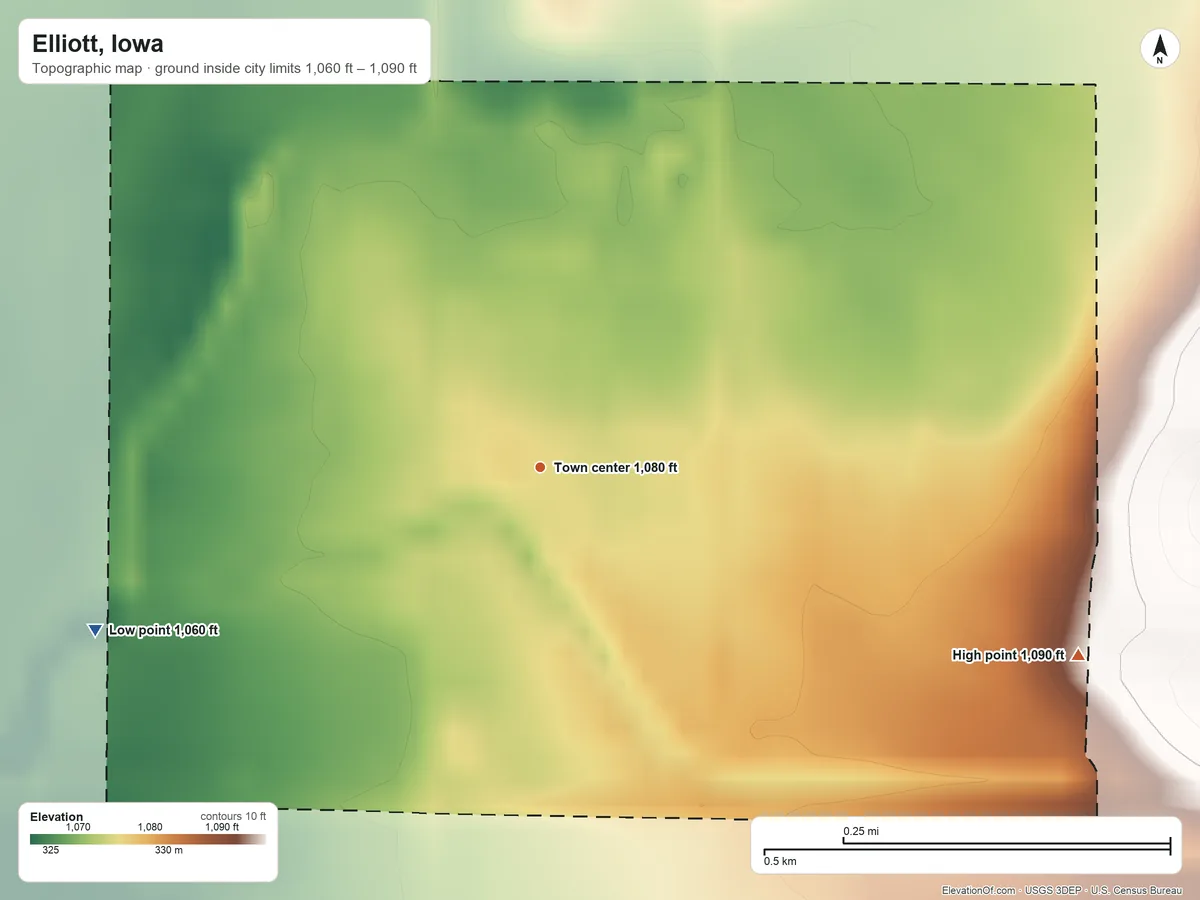 Topographic elevation map of Elliott, Iowa, shaded from 1,060 ft on the west side to 1,090 ft on the east side
