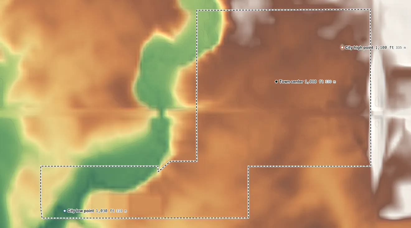 Topographic elevation map of Ellsworth, Iowa, shaded from 1,030 ft on the southwest side to 1,100 ft on the northeast side