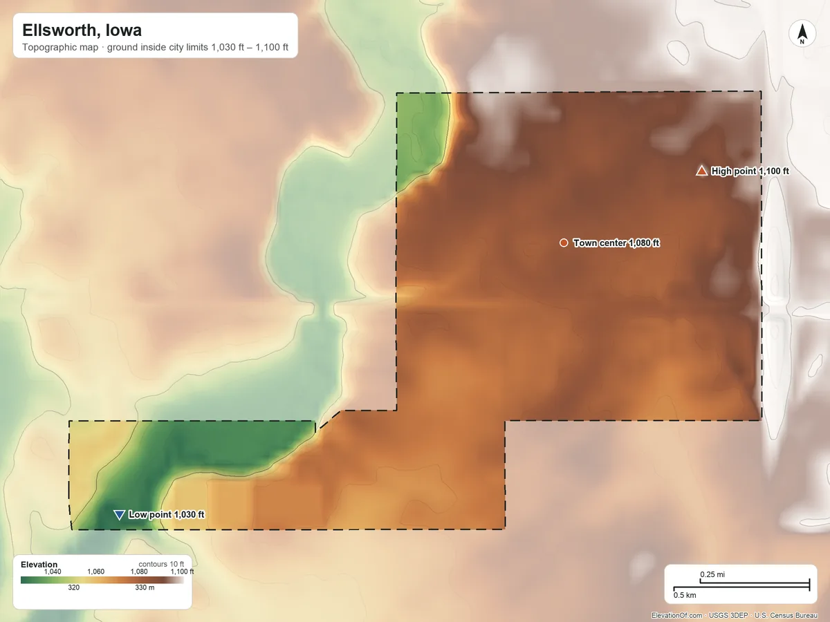 Topographic elevation map of Ellsworth, Iowa, shaded from 1,030 ft on the southwest side to 1,100 ft on the northeast side