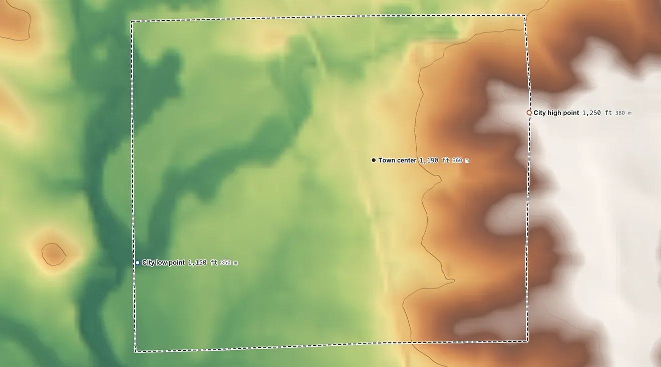 Topographic elevation map of Elma, Iowa, shaded from 1,150 ft on the southwest side to 1,250 ft on the east side