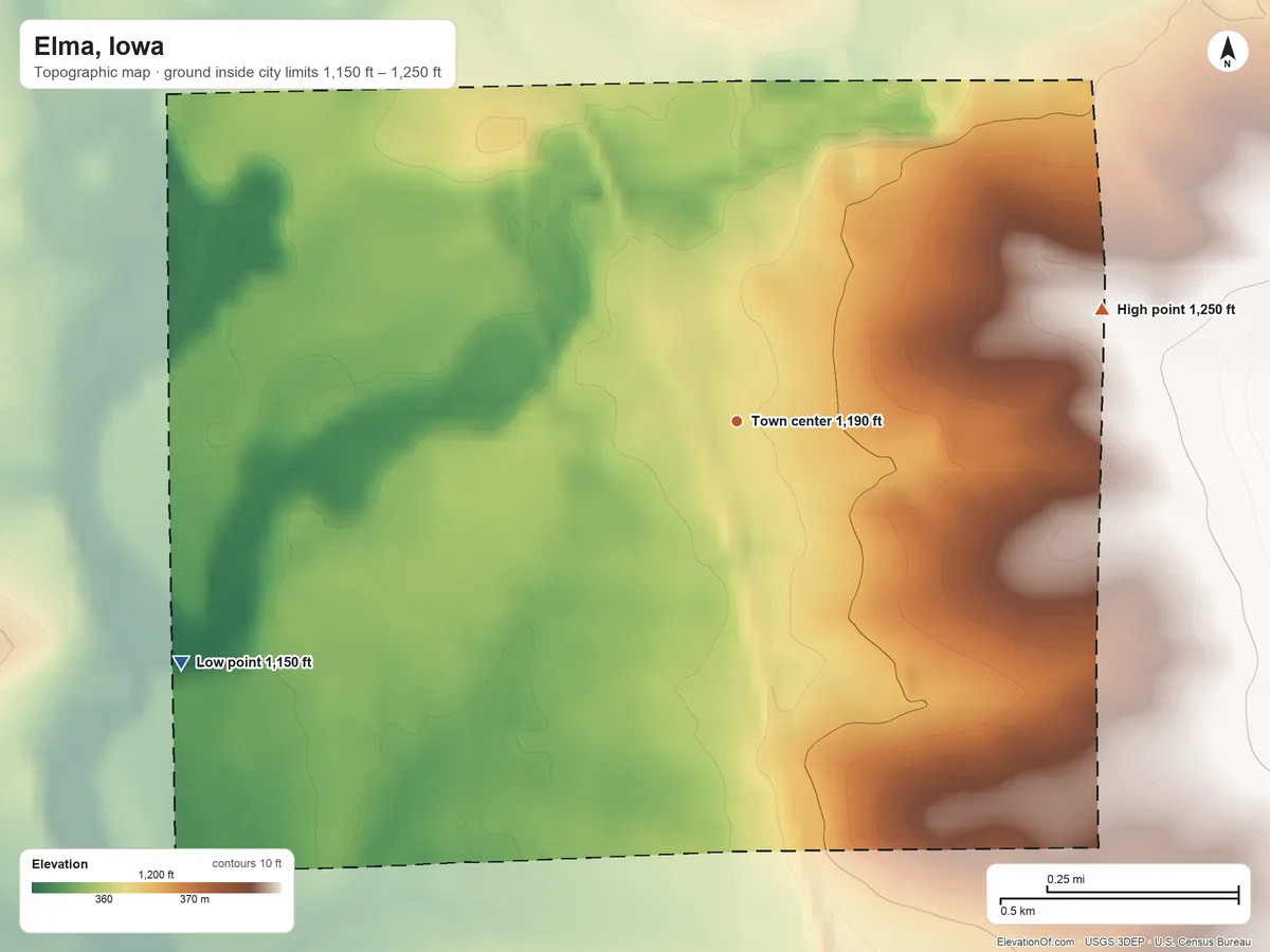 Topographic elevation map of Elma, Iowa, shaded from 1,150 ft on the southwest side to 1,250 ft on the east side