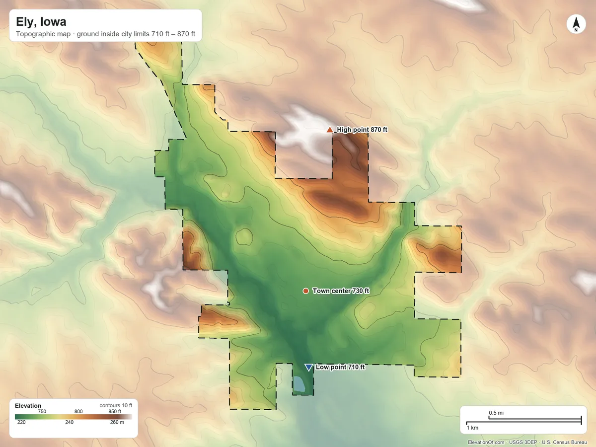 Topographic elevation map of Ely, Iowa, shaded from 710 ft on the south side to 870 ft on the north side