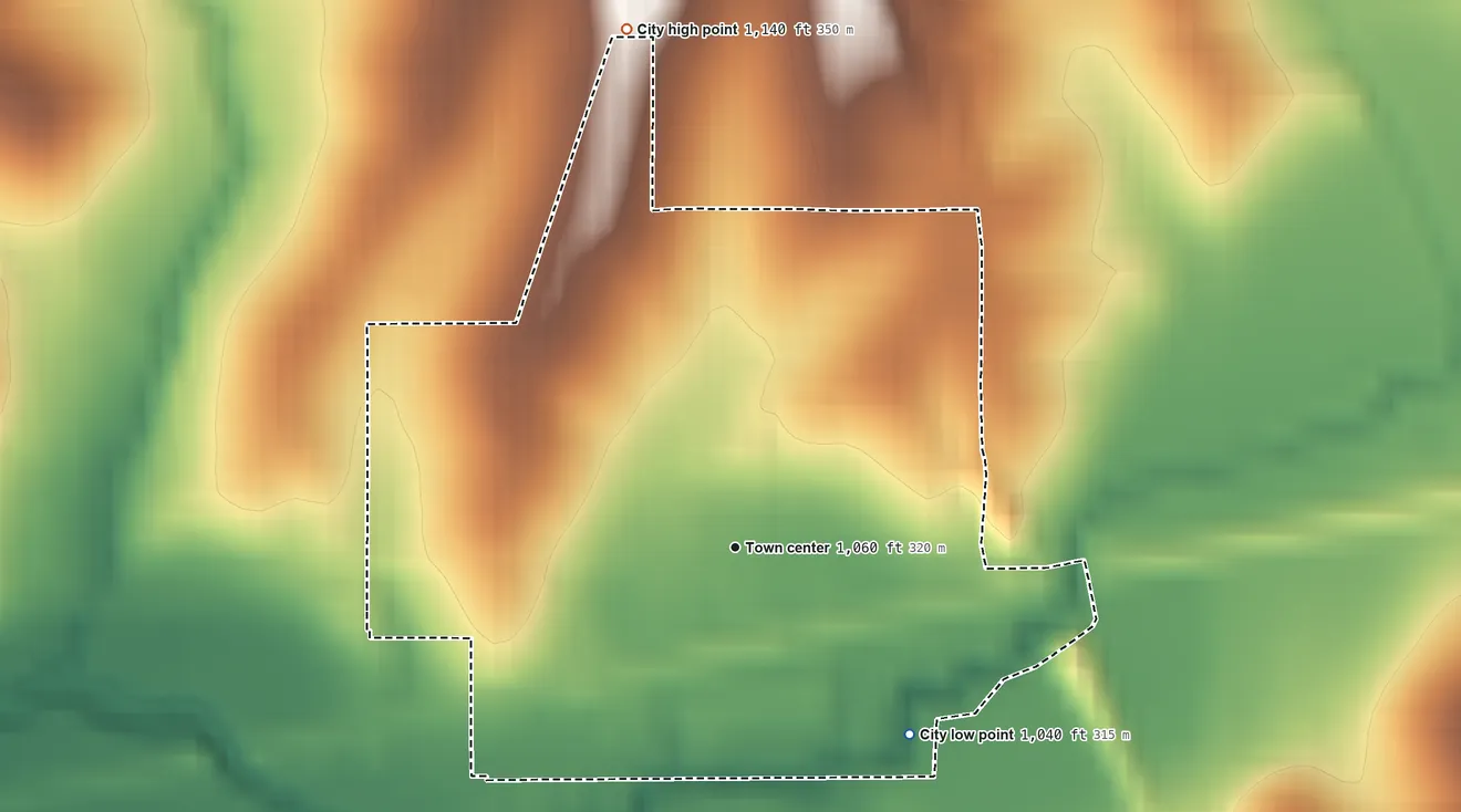 Topographic elevation map of Emerson, Iowa, shaded from 1,040 ft on the southeast side to 1,140 ft on the north side