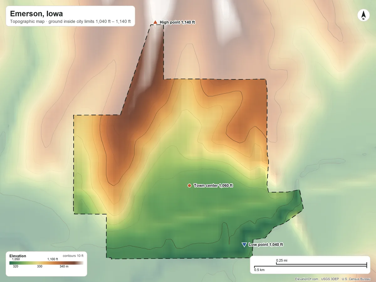 Topographic elevation map of Emerson, Iowa, shaded from 1,040 ft on the southeast side to 1,140 ft on the north side