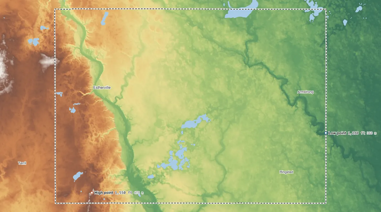 Topographic elevation map of Emmet County, Iowa, shaded from 1,180 ft on the east side to 1,550 ft on the southwest side