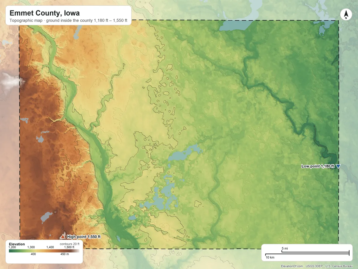 Topographic elevation map of Emmet County, Iowa, shaded from 1,180 ft on the east side to 1,550 ft on the southwest side