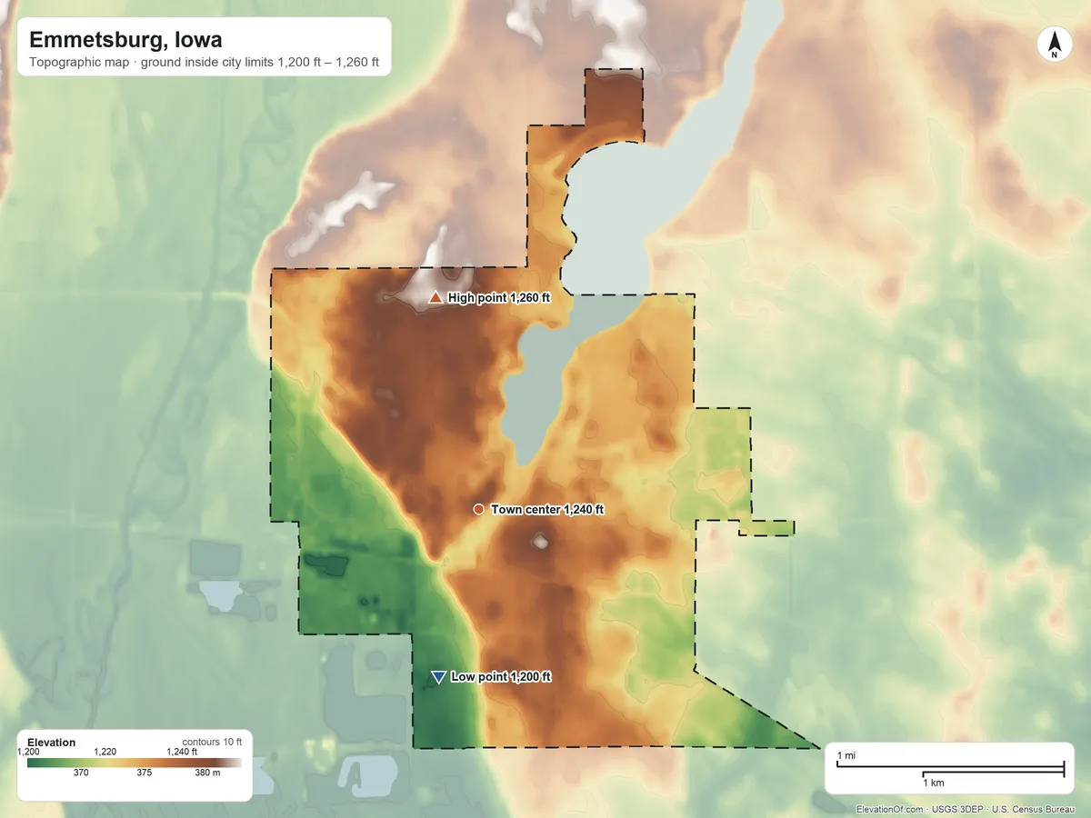 Topographic elevation map of Emmetsburg, Iowa, shaded from 1,200 ft on the south side to 1,260 ft on the north side