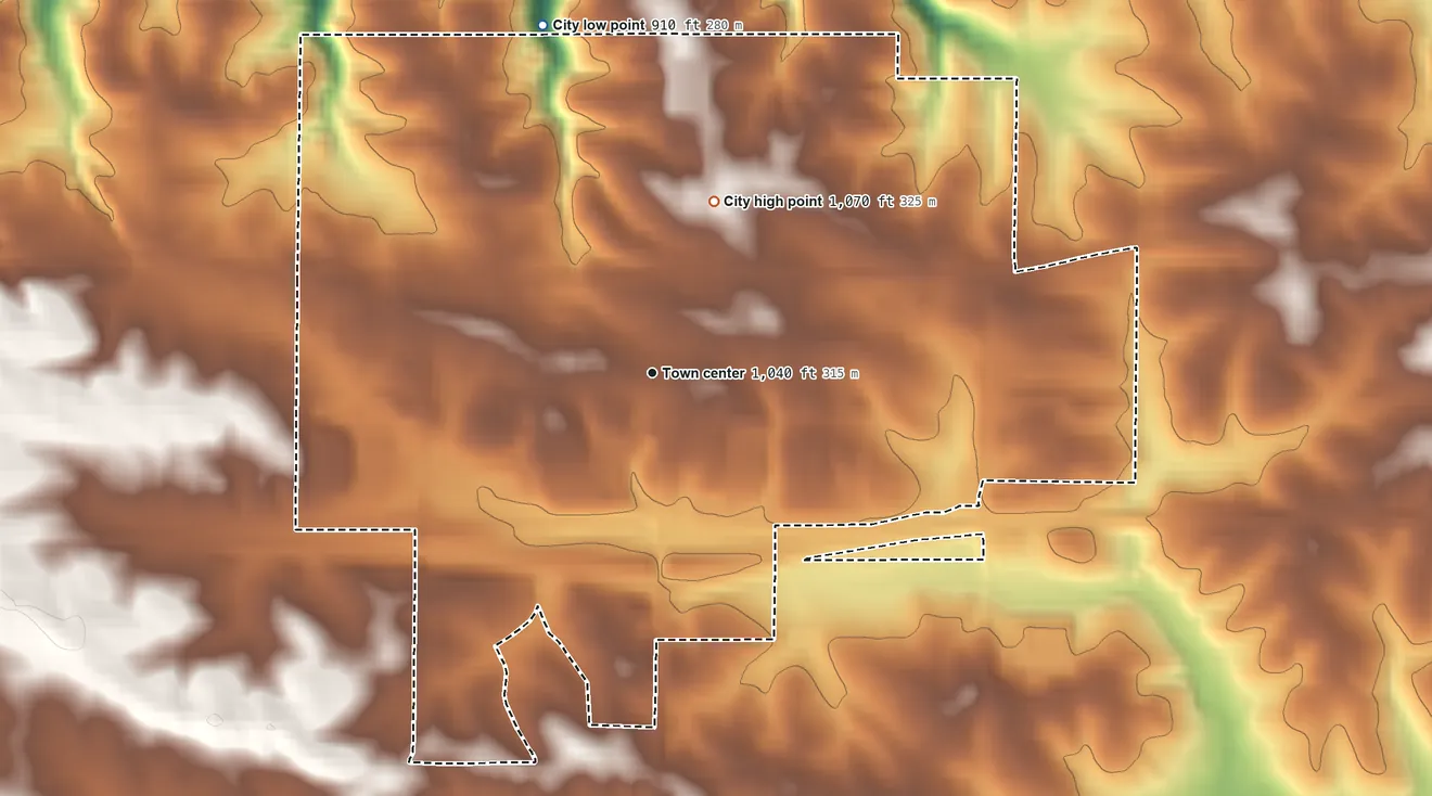 Topographic elevation map of Epworth, Iowa, shaded from 910 ft on the north side to 1,070 ft on the north side