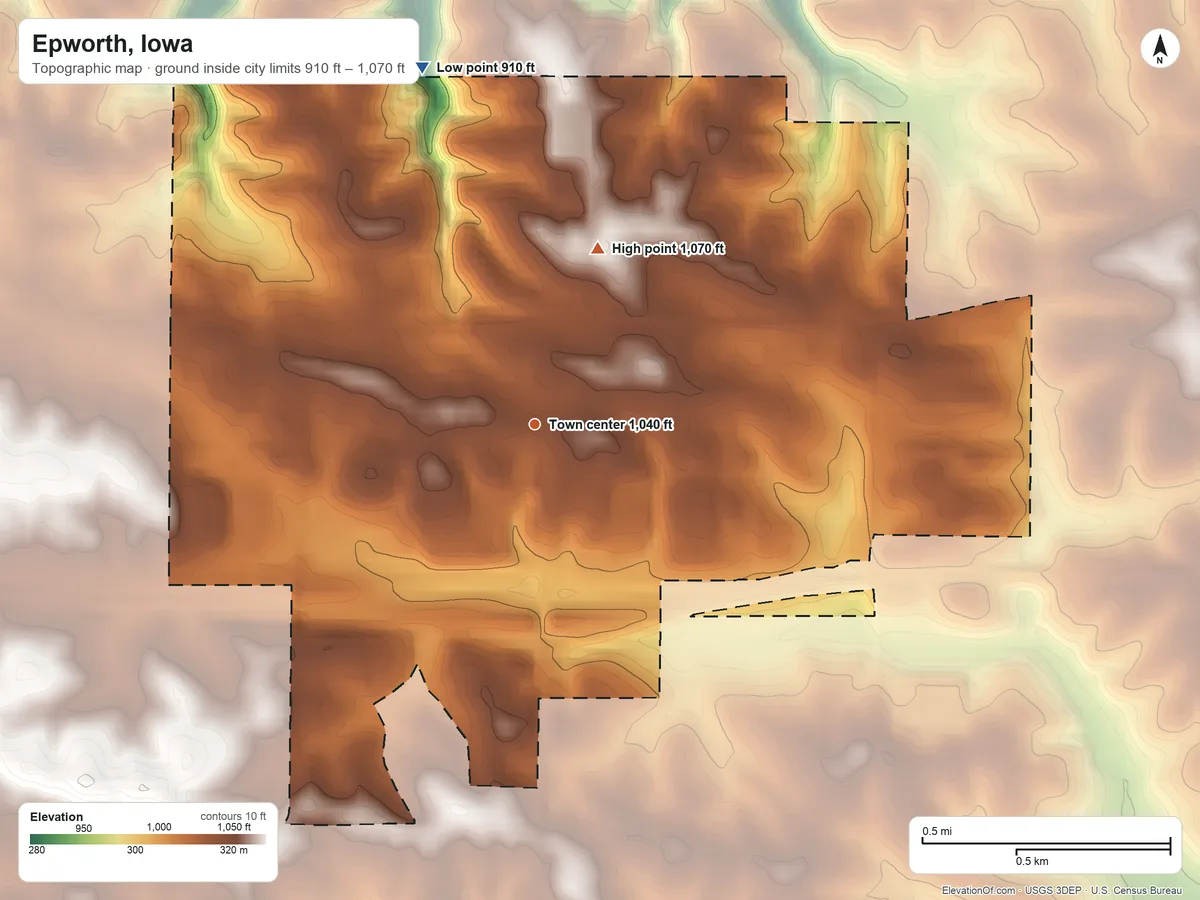 Topographic elevation map of Epworth, Iowa, shaded from 910 ft on the north side to 1,070 ft on the north side