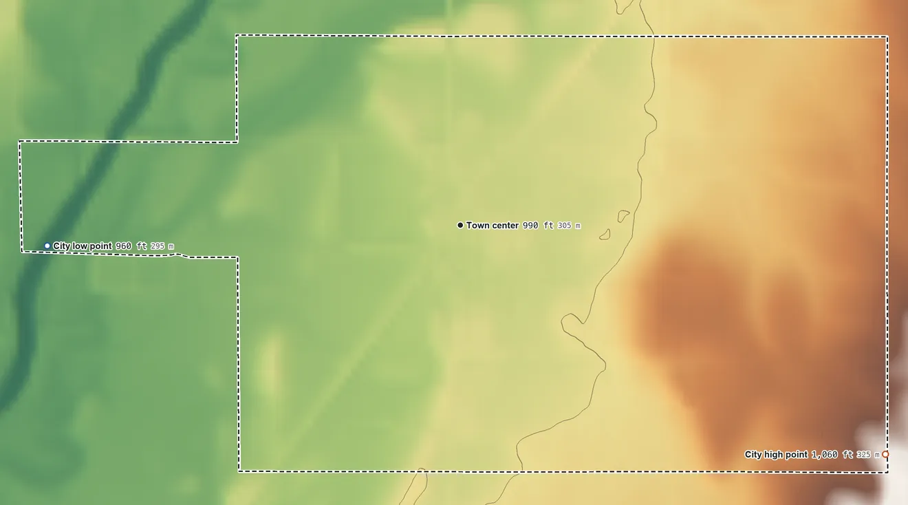 Topographic elevation map of Essex, Iowa, shaded from 960 ft on the west side to 1,060 ft on the southeast side