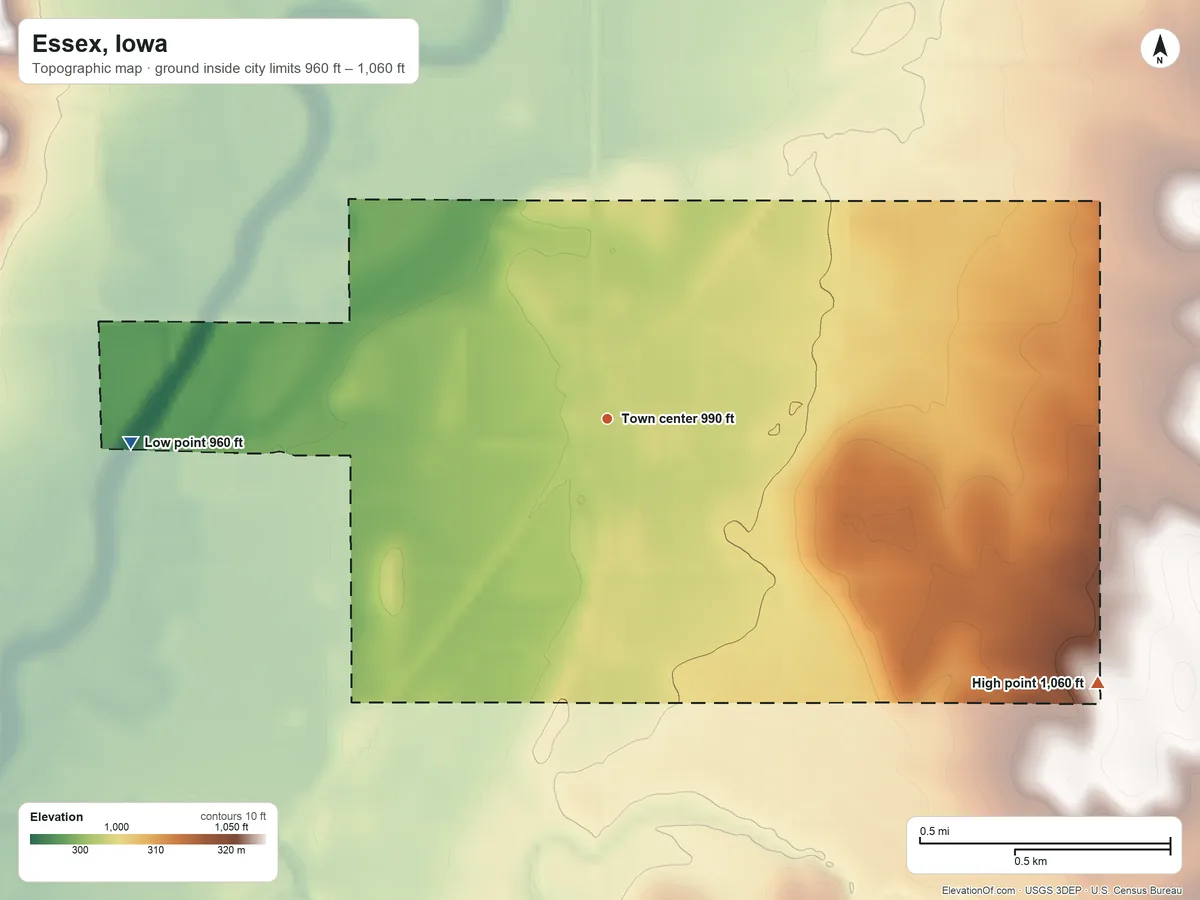Topographic elevation map of Essex, Iowa, shaded from 960 ft on the west side to 1,060 ft on the southeast side