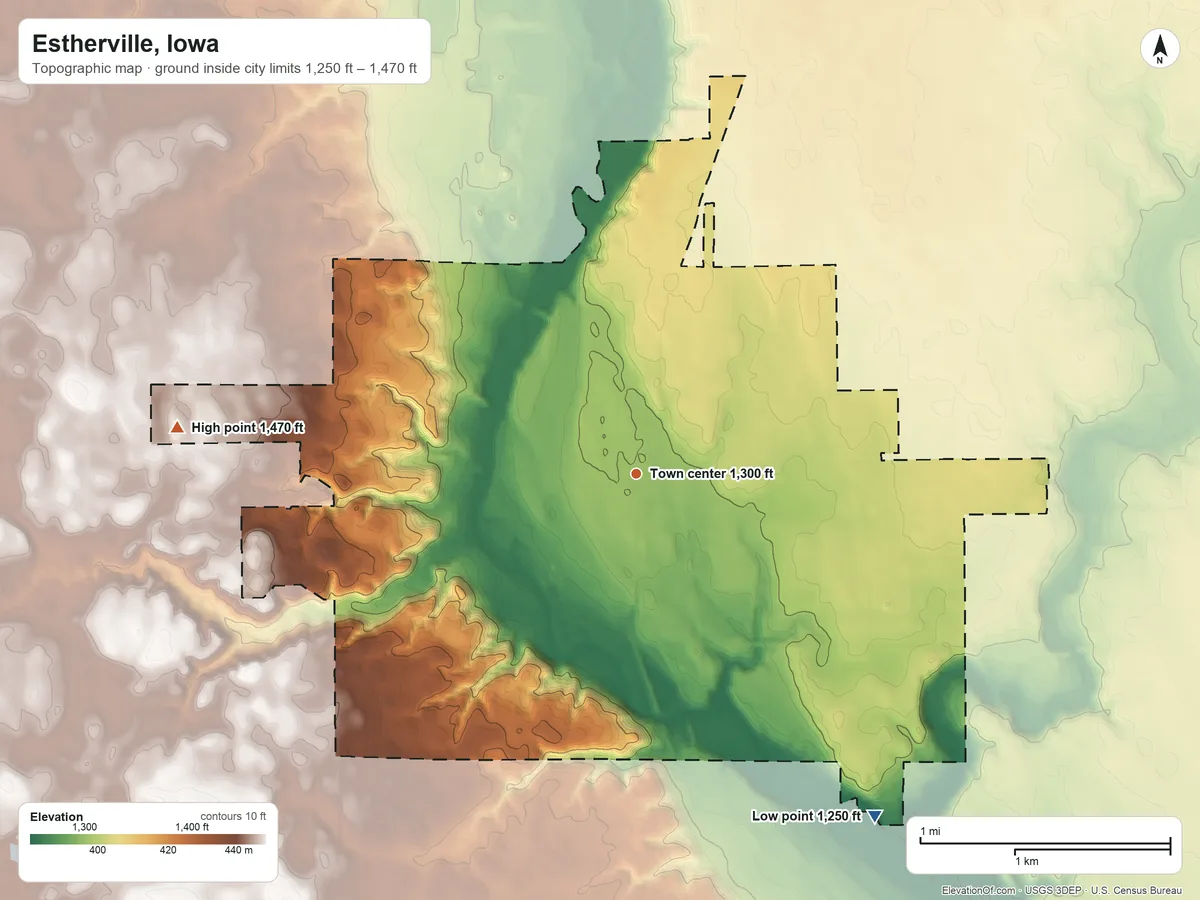 Topographic elevation map of Estherville, Iowa, shaded from 1,250 ft on the southeast side to 1,470 ft on the west side