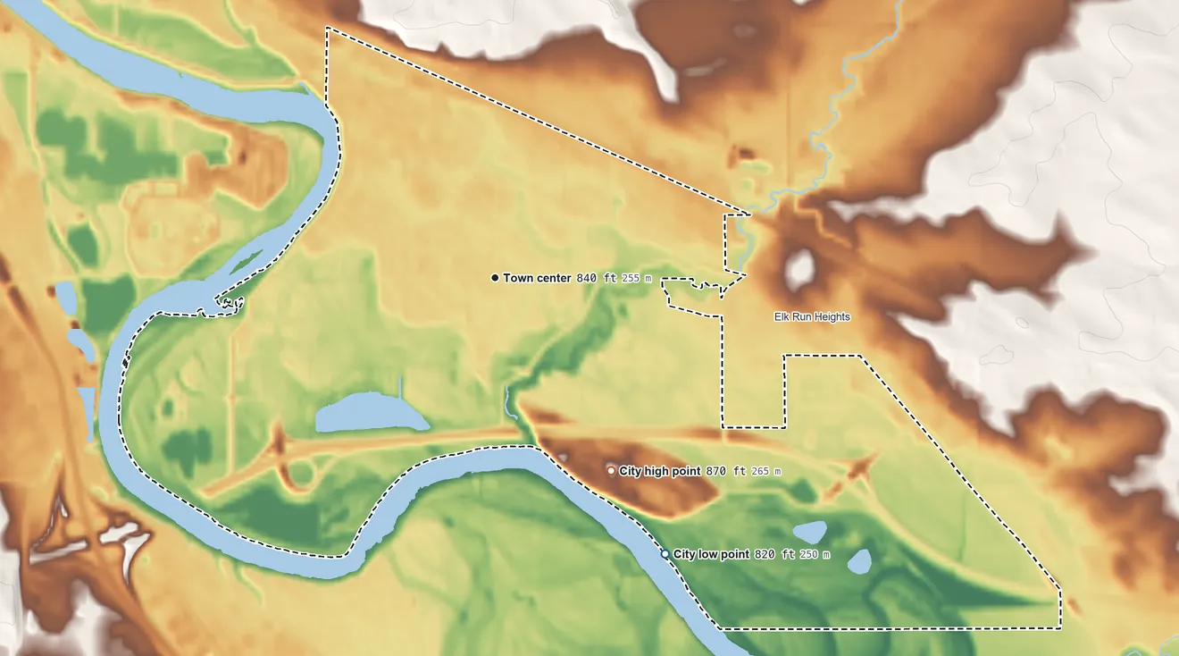 Topographic elevation map of Evansdale, Iowa, shaded from 820 ft on the southeast side to 870 ft on the southeast side